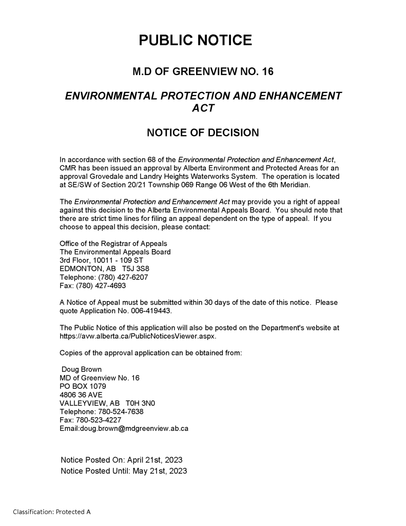 Notice of Decision Grovedale and Landry Heights Waterworks System