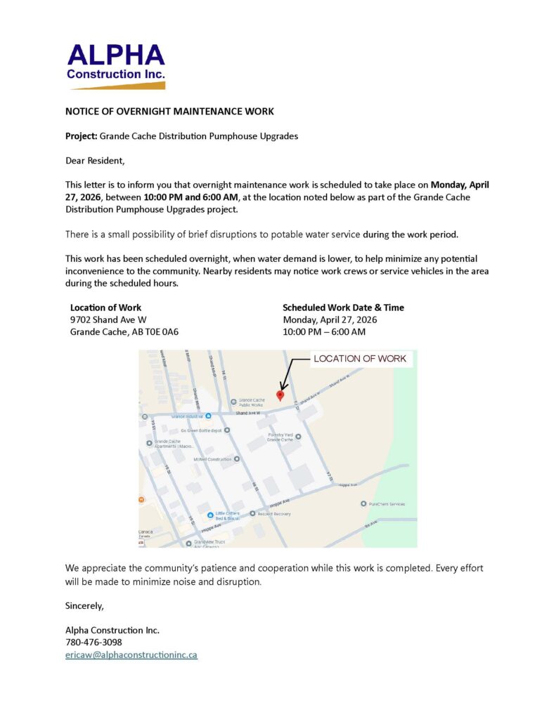 Notice of Maintenance Work Alpha Construction